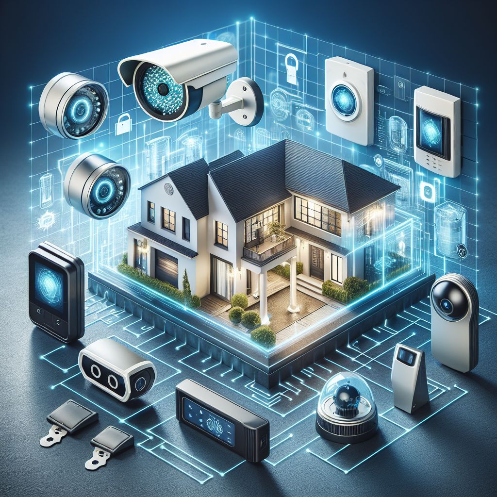 High-tech home security system concept featuring a modern house surrounded by various smart surveillance devices.